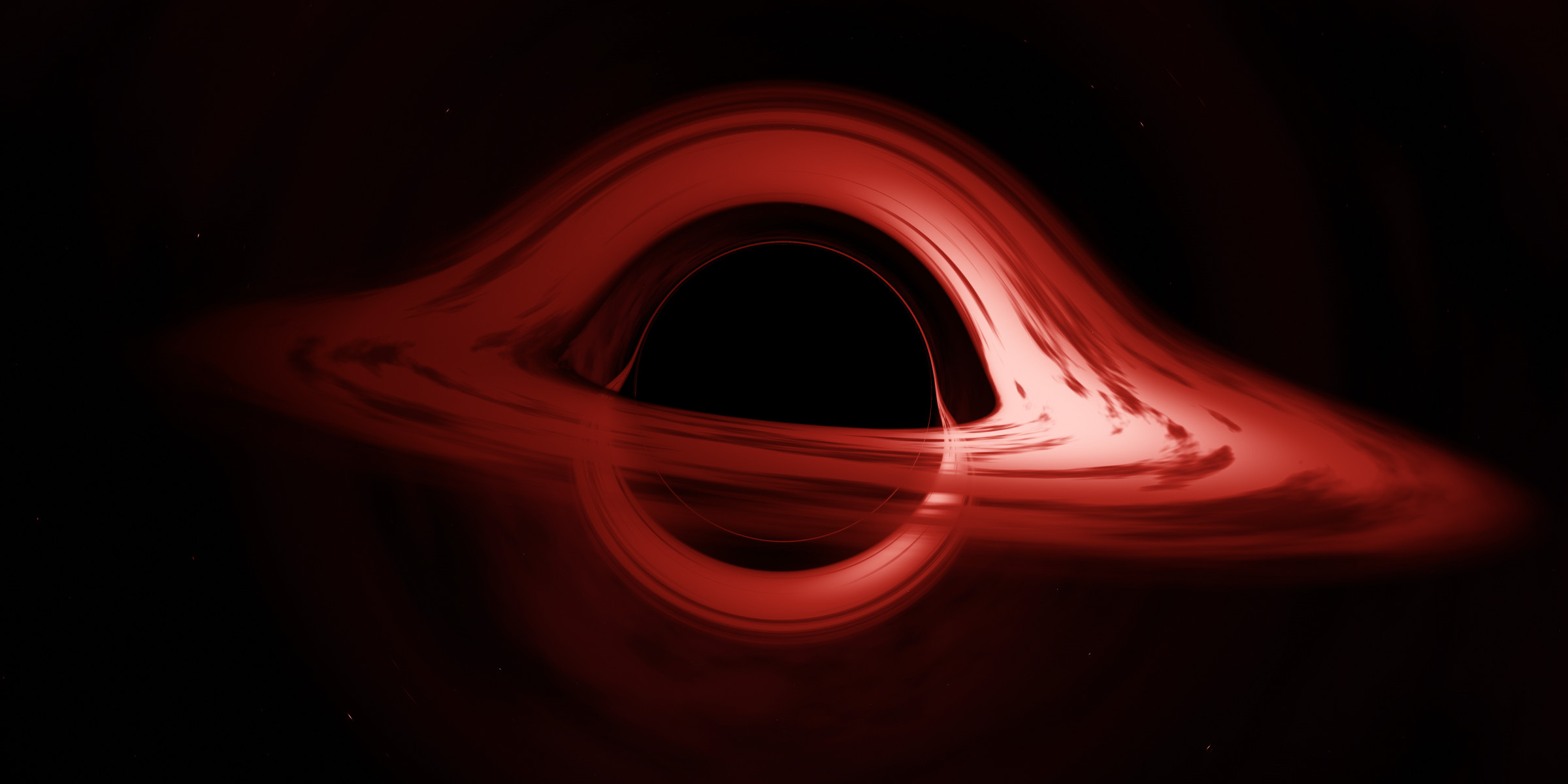 The black hole from the intro: its glowing disk bent over the top and under the bottom of the shadow by its own gravity.